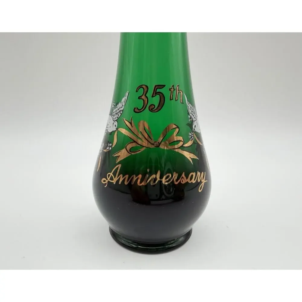 Viking Emerald Green Swung Glass Bud Vase 10.5” 35th Anniversary with Label MCM